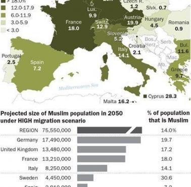 Prognozy wzrostu populacji muzułmańskiej w Europie do roku 2050 w wariancie imigracji wysokiej (obecnej)