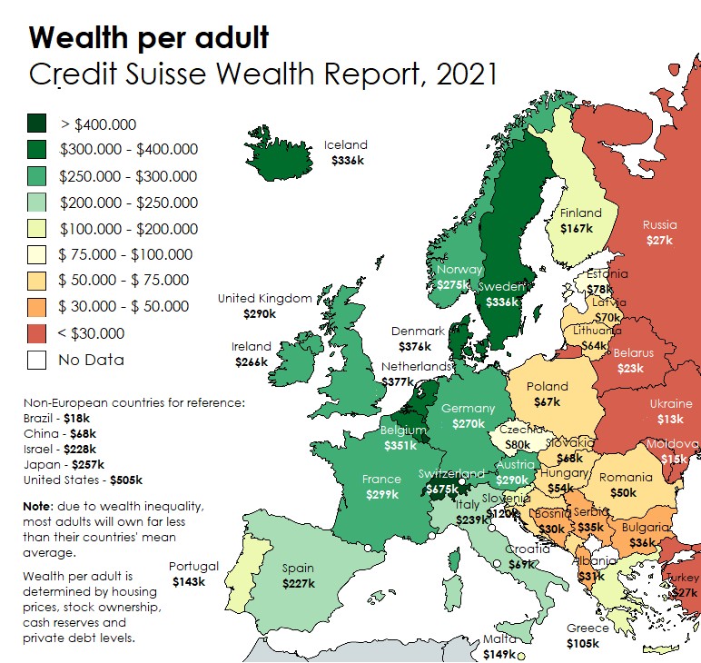 Średnie bogactwo na osobę dorosłą w Europie, 2021