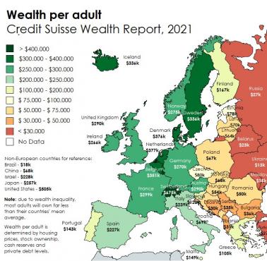 Średnie bogactwo na osobę dorosłą w Europie, 2021