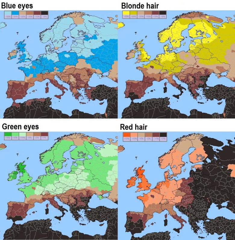Niebiesko-zielony kolor oczu i blond/rude włosy w całej Europie