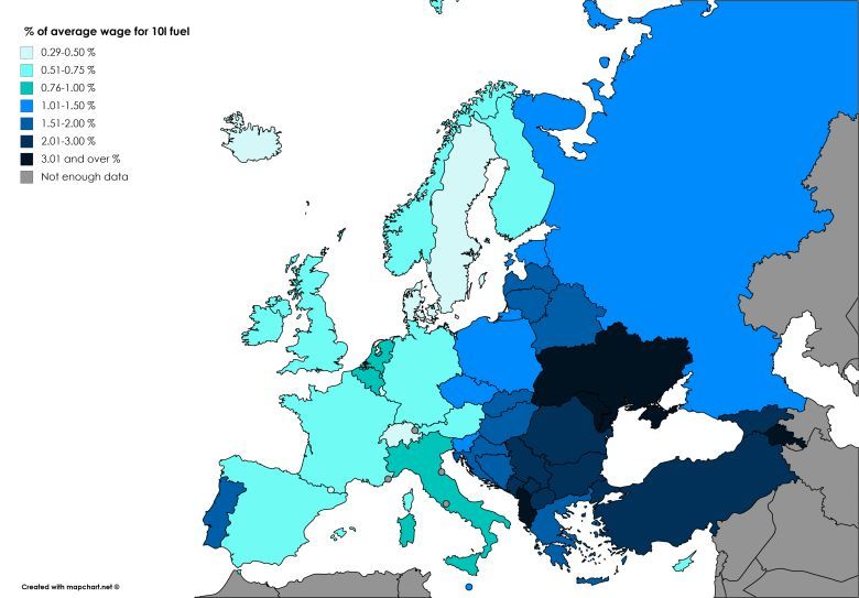 Jaki procent średniego miesięcznego wynagrodzenia netto należy wydać na zakup 10 litrów paliwa, Europa