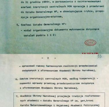 Poufny rozkaz Siwickiego z 31 VII 89 o powołaniu Akademii Obrony Narodowej