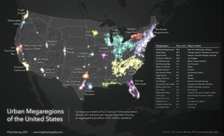 Megaregiony w USA, 2021