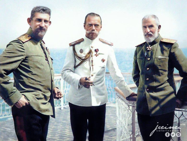 Książę Ferdynand, car Mikołaj II i król Rumunii Karol I, Konstanca, 1914
