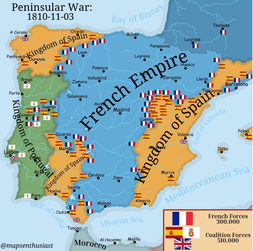 Mapa Półwyspu Iberyjskiego w 1810 roku (okres napoleoński)