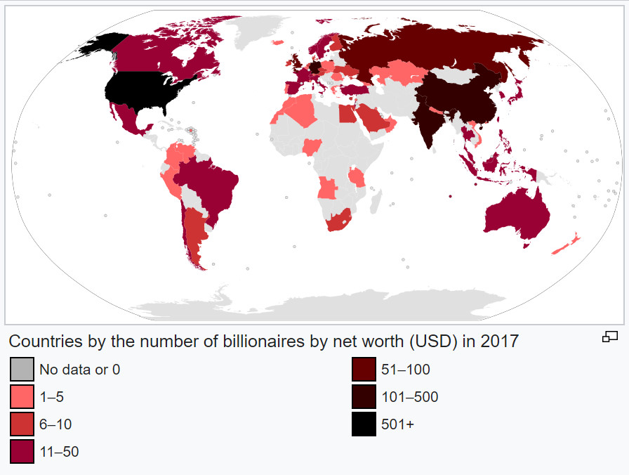 Kraje z największą liczbą miliarderów według wartości netto (USD) w 2017 r.