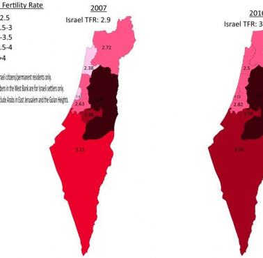 Izraelski współczynnik dzietności według okręgów w 2007 i 2016 roku