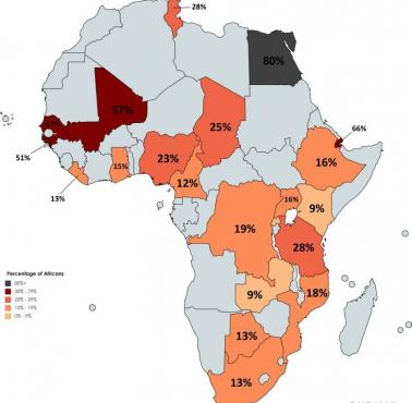 Odsetek mieszkańców poszczególnych państw Afryki, która akceptuje ukamienowanie za cudzołóstwo