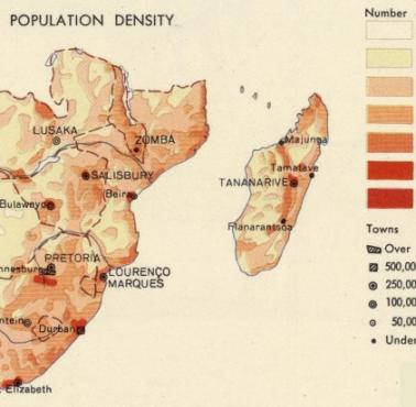 Gęstość zaludnienia Afryki Południowej w latach 60-tych