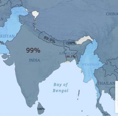 Dostęp do elektryczności (odsetek ludności) w Azji Południowej, 2020