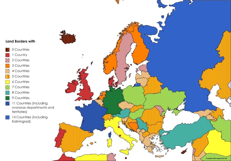 Liczba granic lądowych w danym kraju w Europie