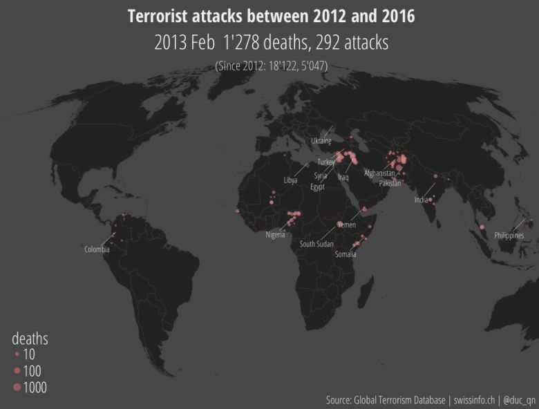 Akty terrorystyczne na świecie od 2012 do 2016 roku (animacja)