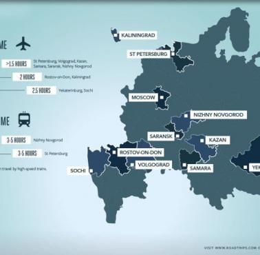 Miasta w Rosji, w których rozgrywać się będą MŚ w piłce, na mapie naniesiono przybliżony czas podróży lotniczych i kolejowych