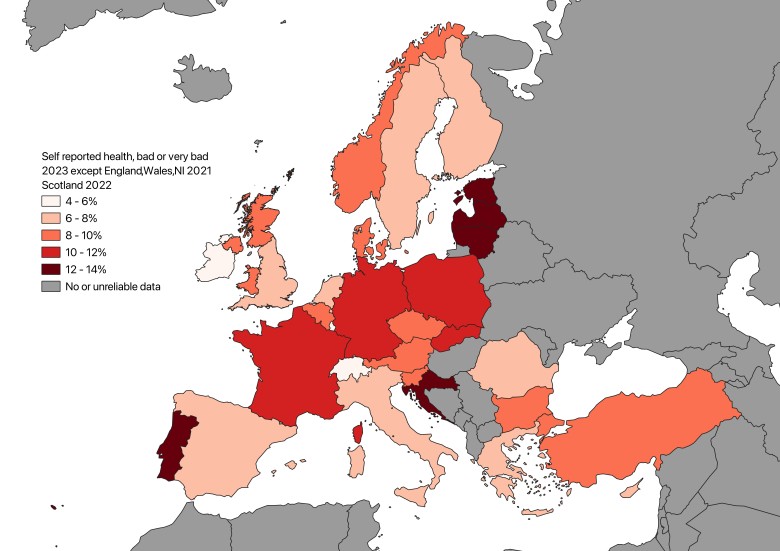 Samodzielne zgłaszanie złego lub bardzo złego stanu zdrowia w Europie w 2023 r.