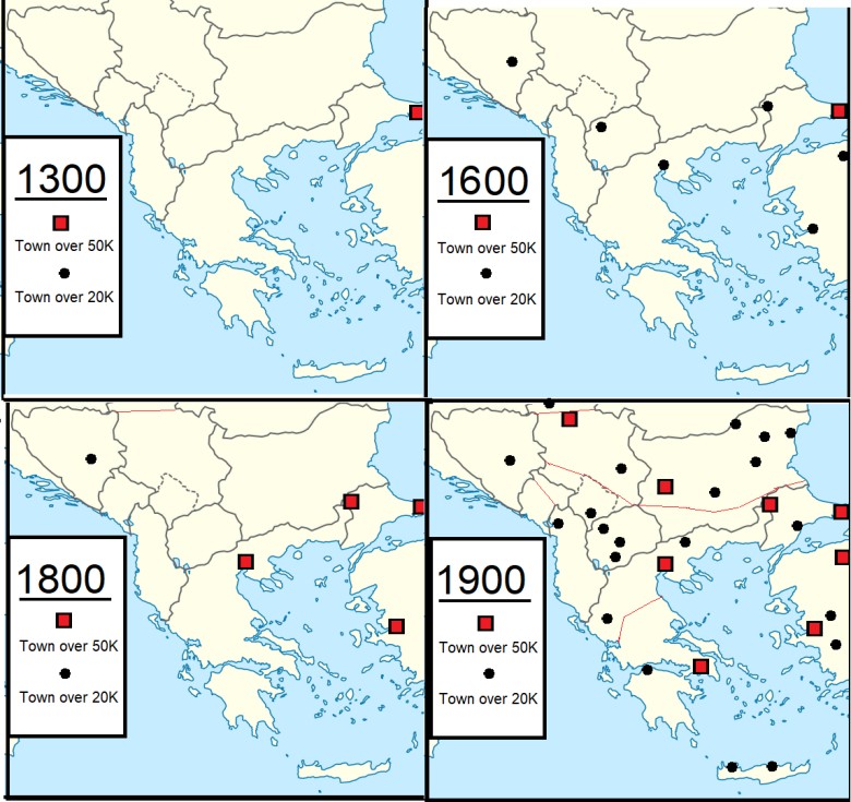 Populacja miast powyżej 20 tys. i 50 tys. na Bałkanach i w zachodniej Anatolii w latach 1300, 1600, 1800 i 1900