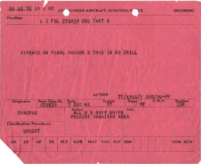 Pierwszy telegram wysłany po japońskim ataku na Pearl Harbor, 7 grudnia 1941