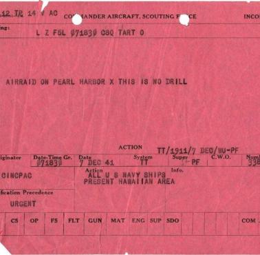 Pierwszy telegram wysłany po japońskim ataku na Pearl Harbor, 7 grudnia 1941