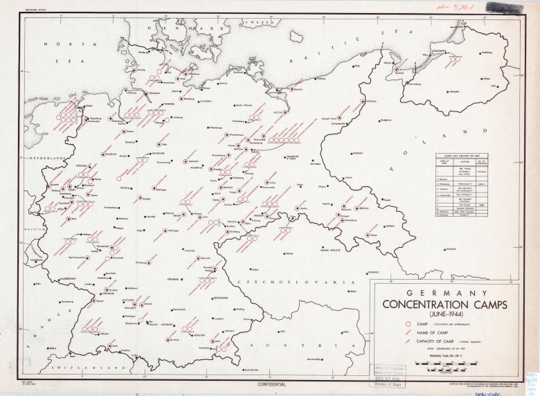 Amerykańska mapa z naniesionymi niemieckimi obozami koncentracyjnymi w czerwcu 1944 roku