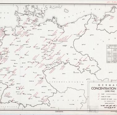 Amerykańska mapa z naniesionymi niemieckimi obozami koncentracyjnymi w czerwcu 1944 roku