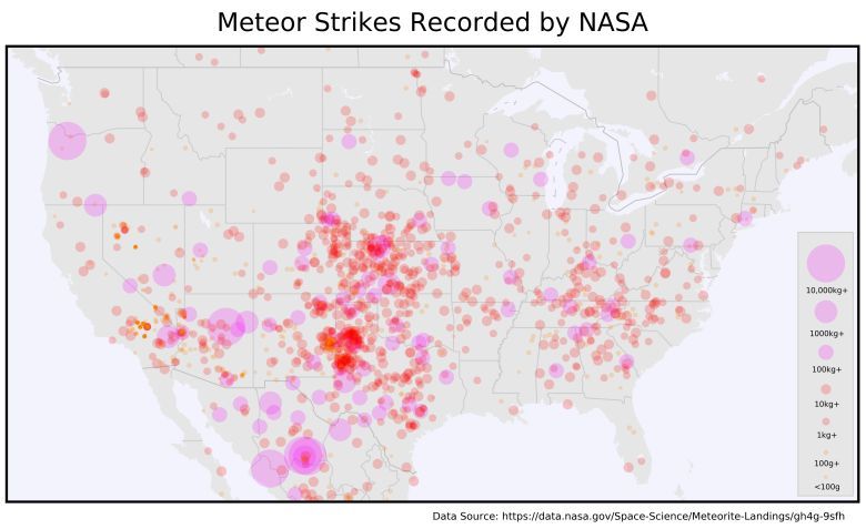 Mapa meteorytów, który spadły na teren USA