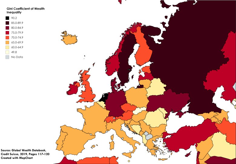 Współczynnik nierówności majątkowych w Europie (Współczynnik Giniego), 2019