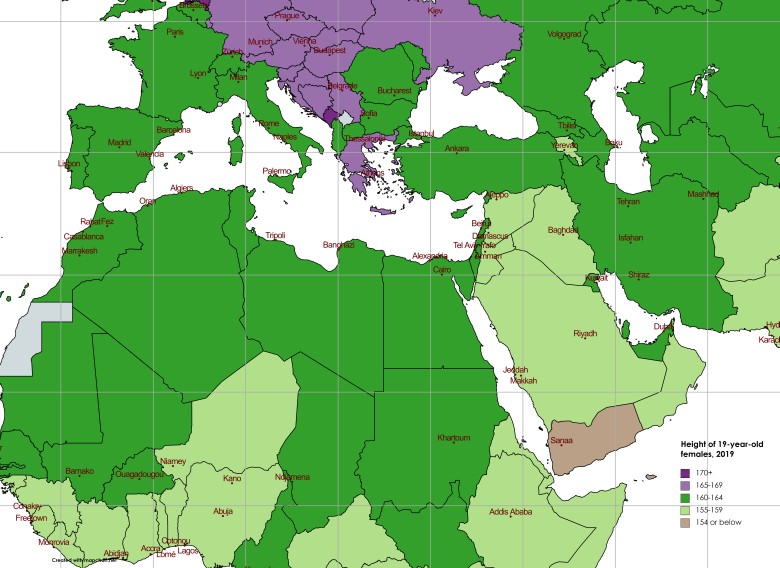 Średni wzrost 19-letnich kobiet w regionach śródziemnomorskich, MENA, 2019