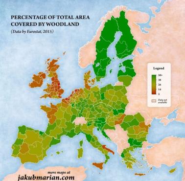 Procent powierzchni lasów według regionów w Europie