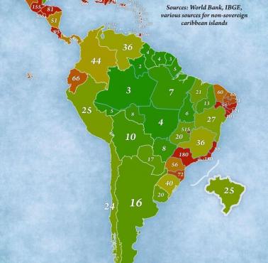 Gęstość zaludnienia w Ameryce Południowej i Środkowej
