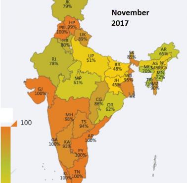 Poziom elektryfikacji indyjskich stanów, listopad 2017