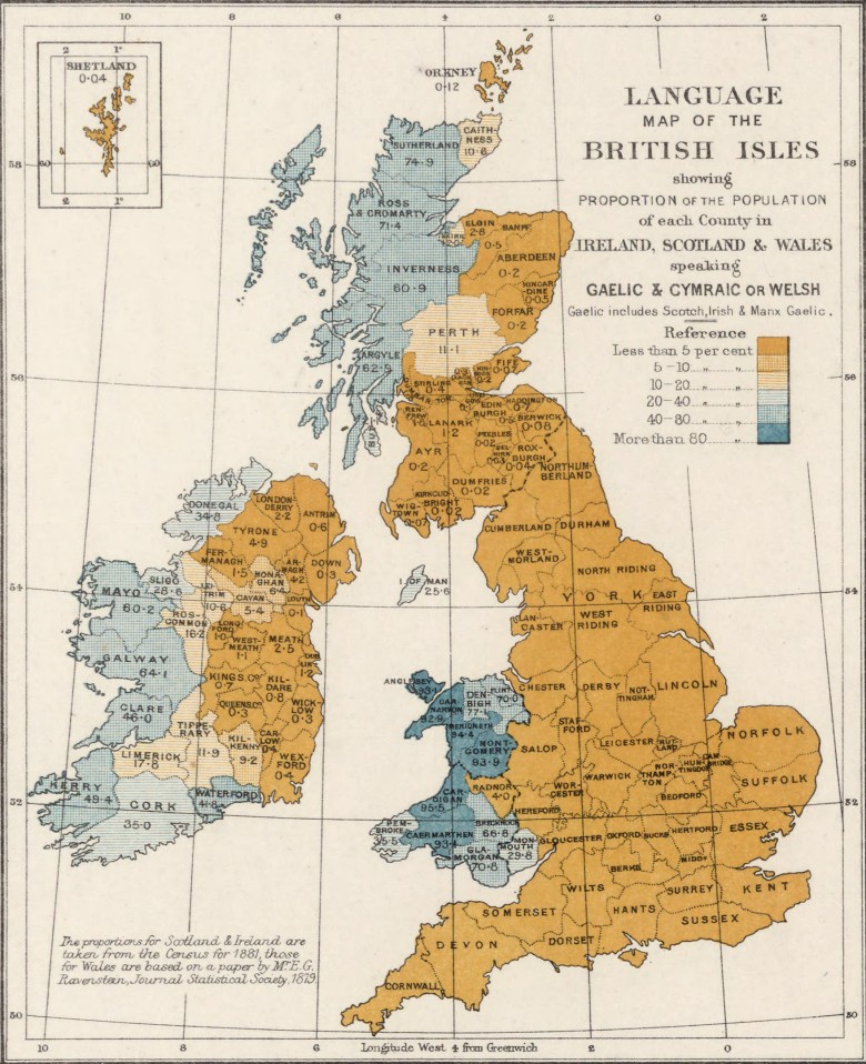 Mapa językowa Wysp Brytyjskich z 1887 roku