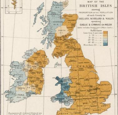 Mapa językowa Wysp Brytyjskich z 1887 roku