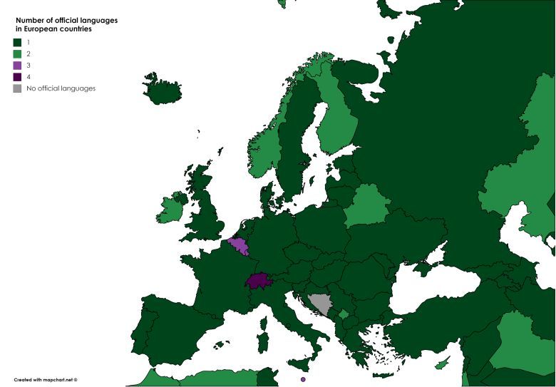 Liczba języków urzędowych w poszczególnych europejskich krajach
