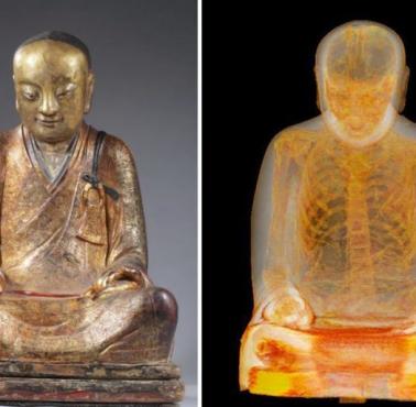  1000-letnia rzeźba Buddy z umieszczoną wewnątrz mumią mnicha (po prawej zdjęcie z tomografu komputerowego)