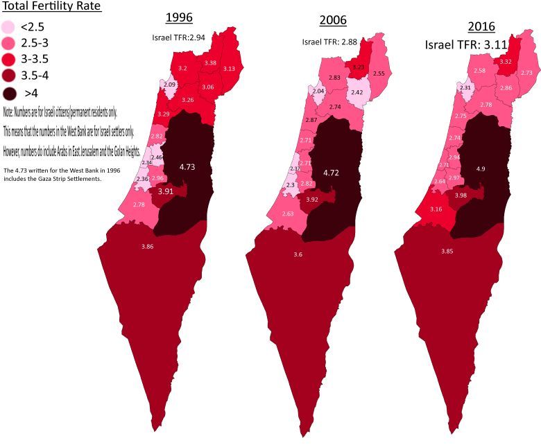Współczynnik dzietności w poszczególnych regionach Izraela w latach 1996, 2006, 2016