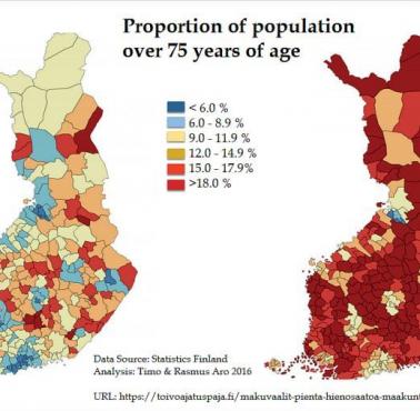 Rozkład wiekowy Finów powyżej 75 roku życia w 2015 i 2030 roku