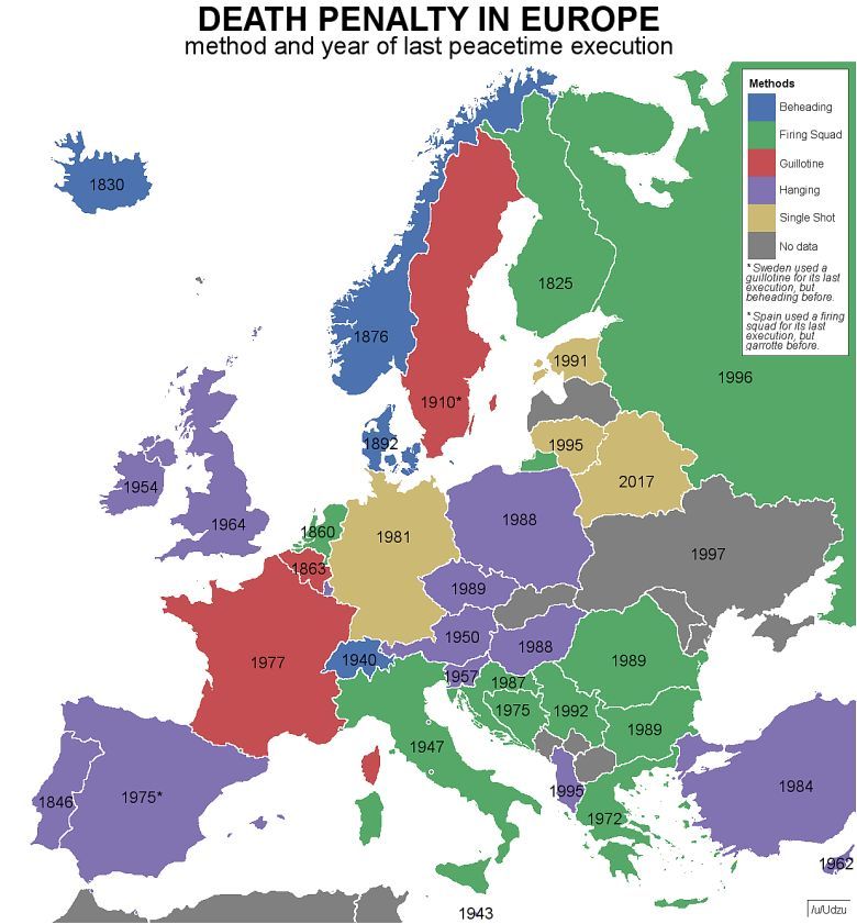 Metoda i rok ostatniej egzekucji w czasie pokoju w Europie