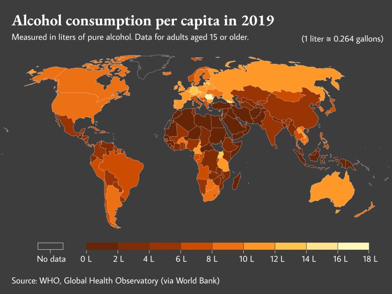 Konsumpcja alkoholu na osobę (+15 lat) na świecie w litrach, 2019, WHO