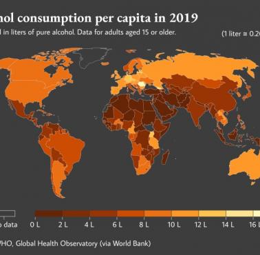 Konsumpcja alkoholu na osobę (+15 lat) na świecie w litrach, 2019, WHO