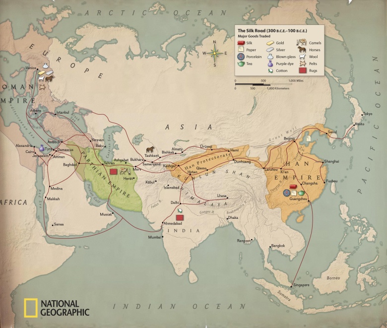 Jedwabny Szlak w czasach dynastii Han, 300 r. p.n.e. - 100 r.n.e., wg.Marco Polo
