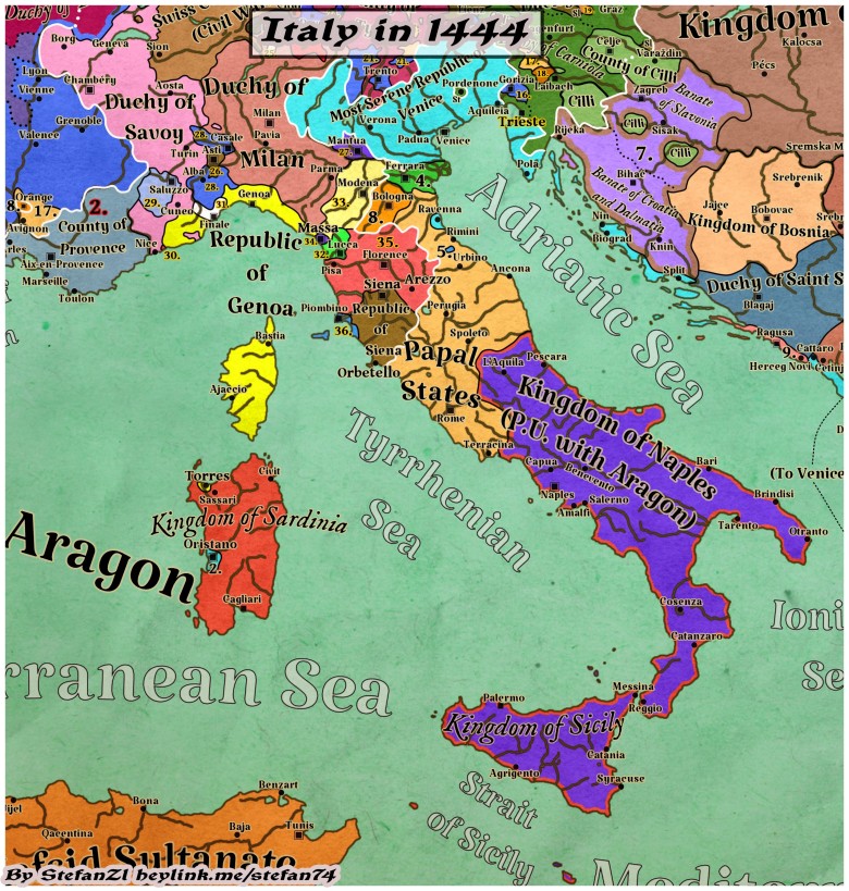 Mapa polityczna Półwyspu Apenińskiego, Włochy, 1444
