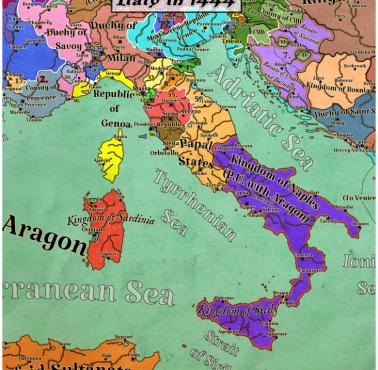 Mapa polityczna Półwyspu Apenińskiego, Włochy, 1444