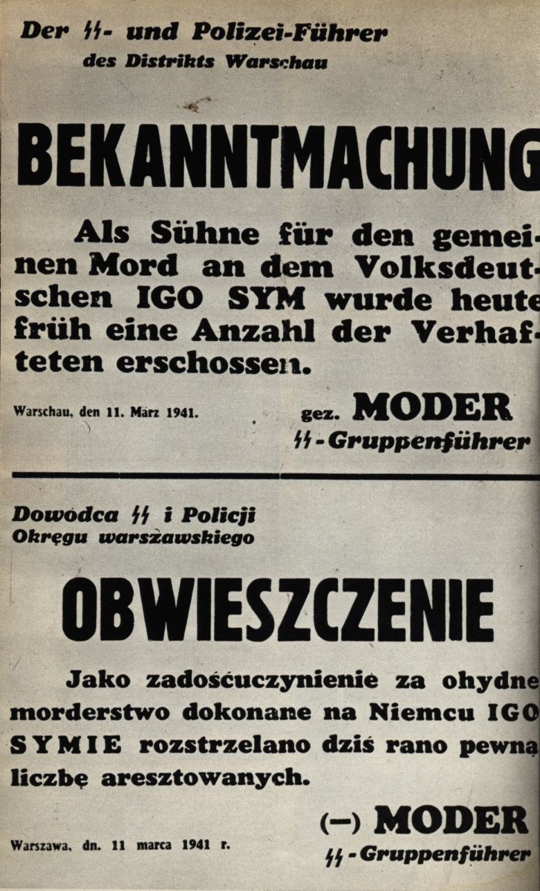 Niemieckie obwieszczenie o rozstrzelaniu Polaków w odwecie za wykonanie wyroku za kolaborację na Igo Symie, 1941