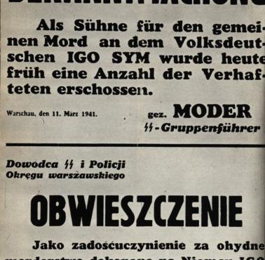 Niemieckie obwieszczenie o rozstrzelaniu Polaków w odwecie za wykonanie wyroku za kolaborację na Igo Symie, 1941