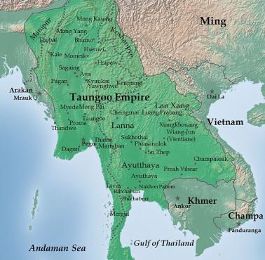 Zasięg państwa Szanów (obecna Birma, Laos, Tajlandia) od końca XIII w. aż do połowy wieku XX