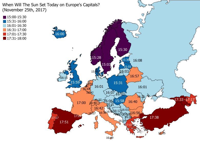 Kiedy zajdzie słońce w stolicach poszczególnych europejskich państw  25 listopada