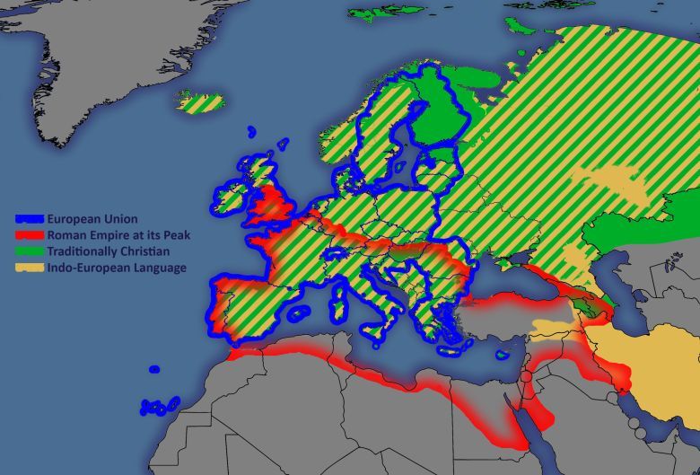 Unia Europejska, zasięg starożytnego Rzymu i chrześcijaństwa, języki indoeuropejskie