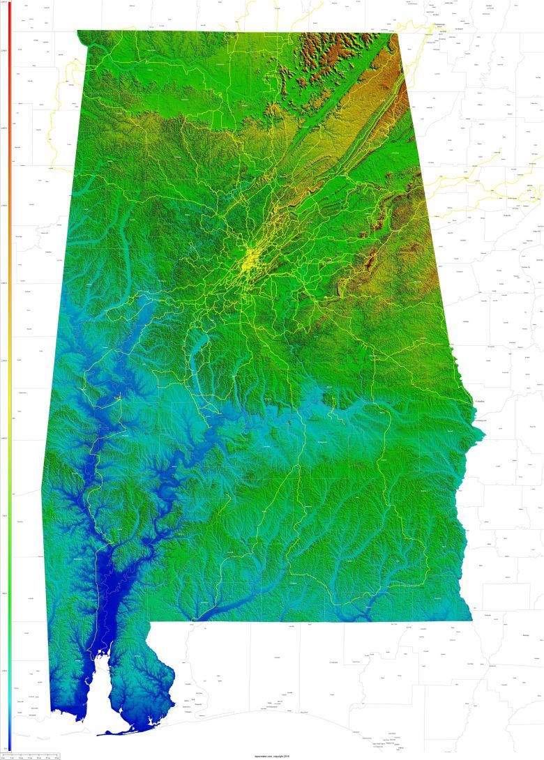 Topograficzna mapa stanu Alabama