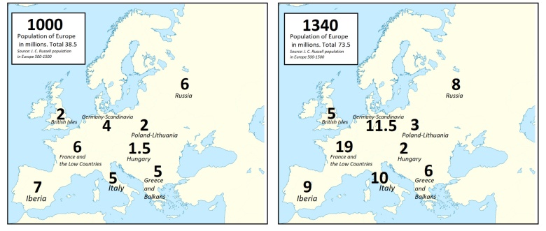Liczba ludności w poszczególnych europejskich państwach w 1000 i 1340 roku