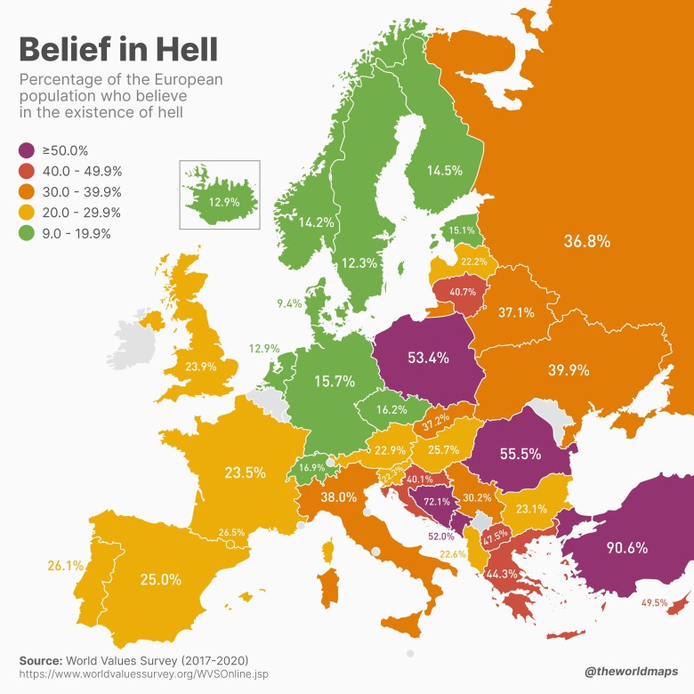 Odsetek osób wierzących w piekło w Europie 2017-2020