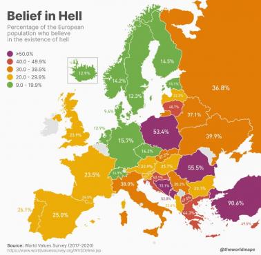 Odsetek osób wierzących w piekło w Europie 2017-2020